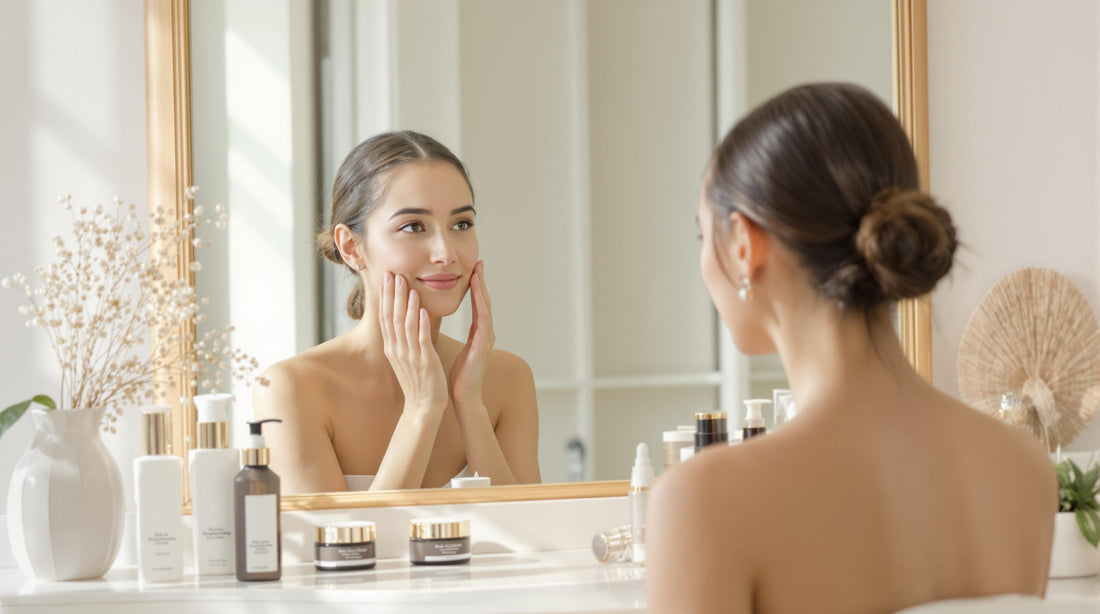 Woman examining radiant skin in bright bathroom with 'Skin Brightening' text on mirror
